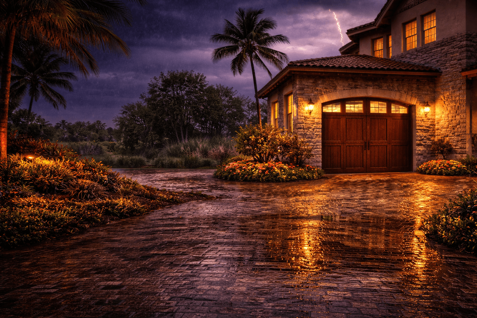 Carriage house hurricane garage door installed on a luxury South Florida home with decorative wood-style panels and storm-ready construction