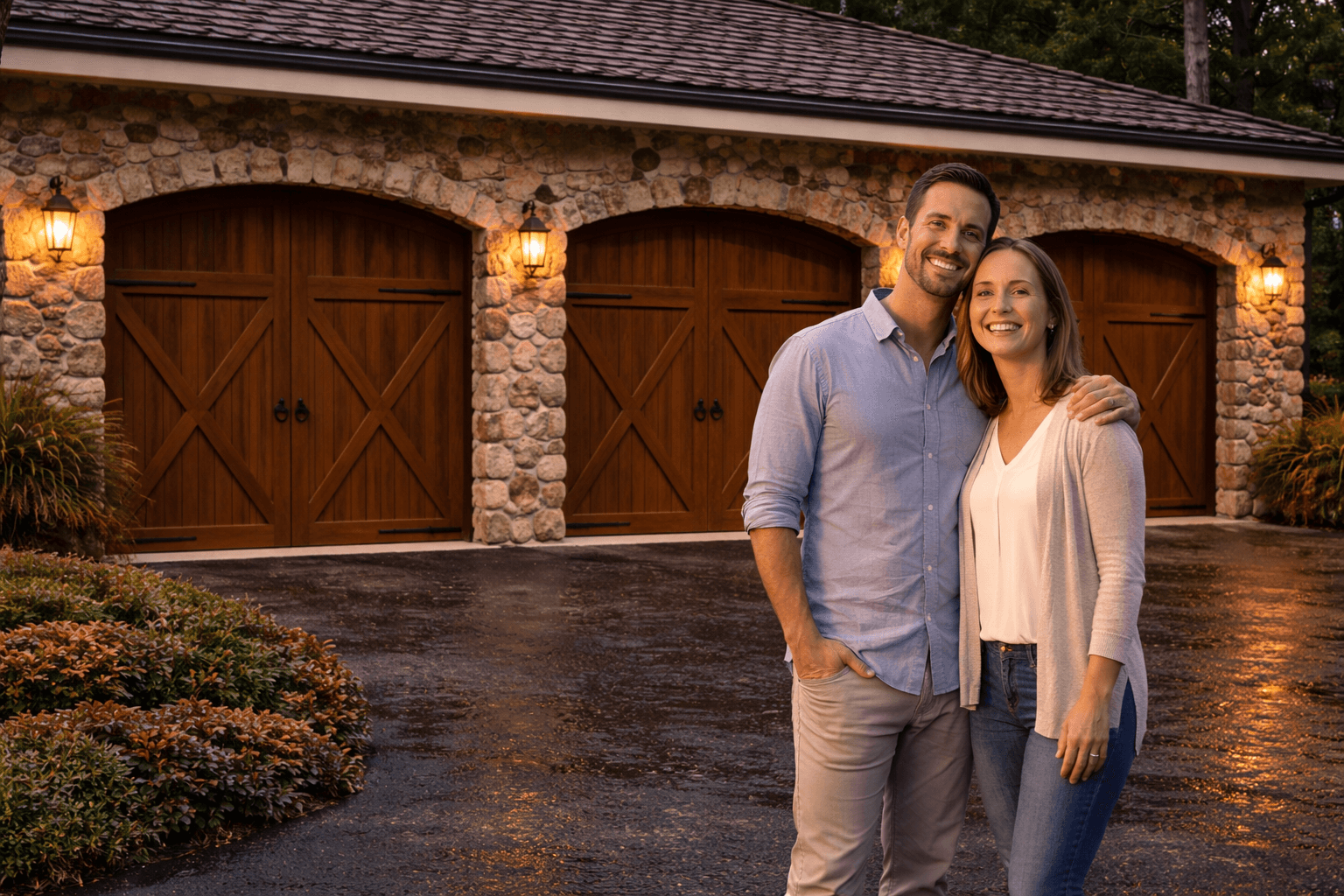 Custom wood carriage-style hurricane garage doors installed on a luxury stone home in South Florida with happy homeowners standing outside