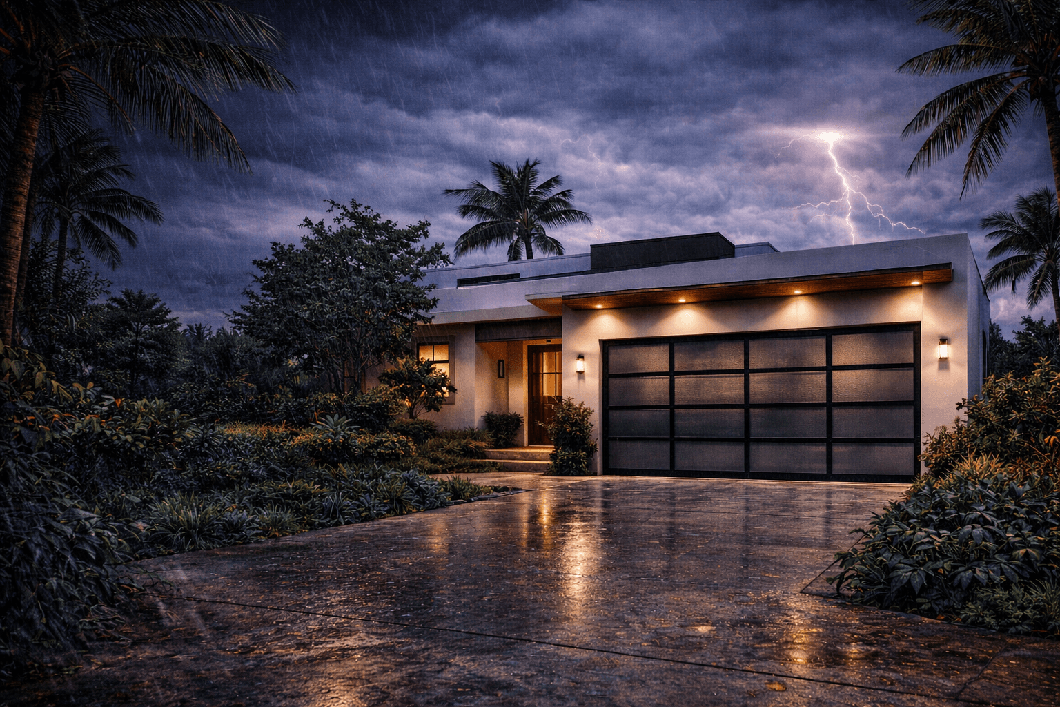 Modern hurricane garage door with full glass panels installed by SecureLifts in South Florida on a contemporary home