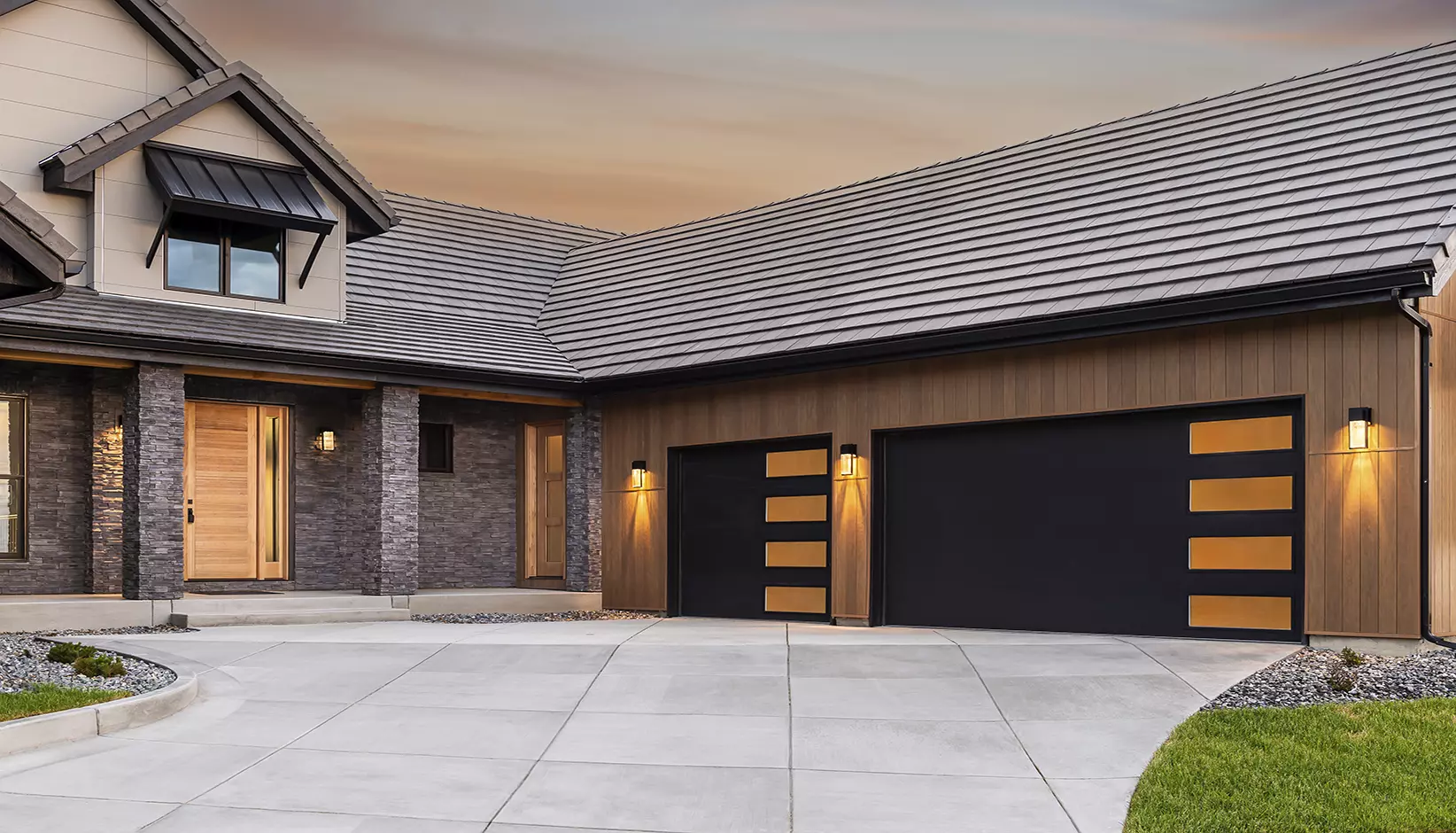 Modern steel garage door with windows