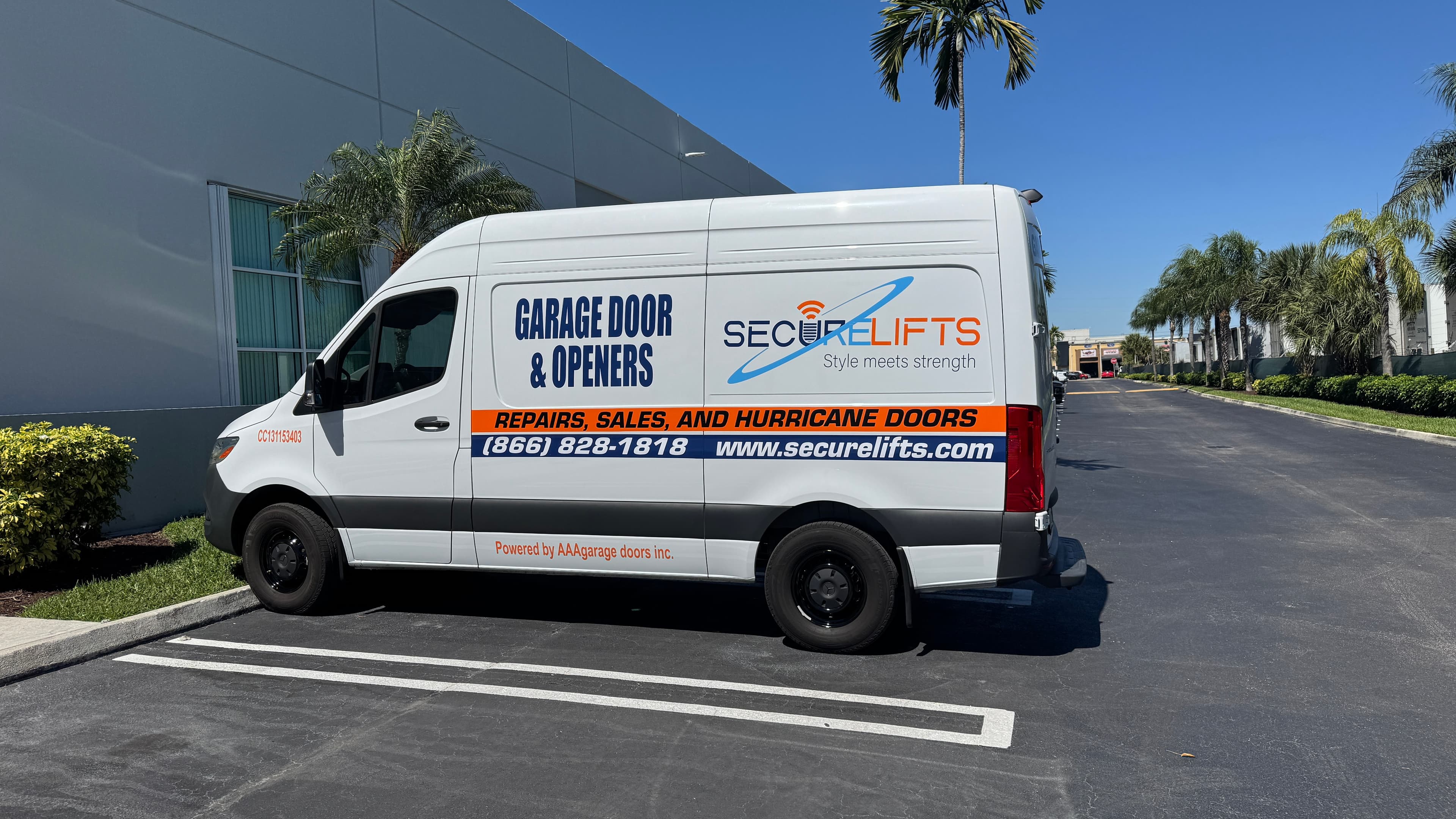 SecureLifts service van parked for a garage door service call