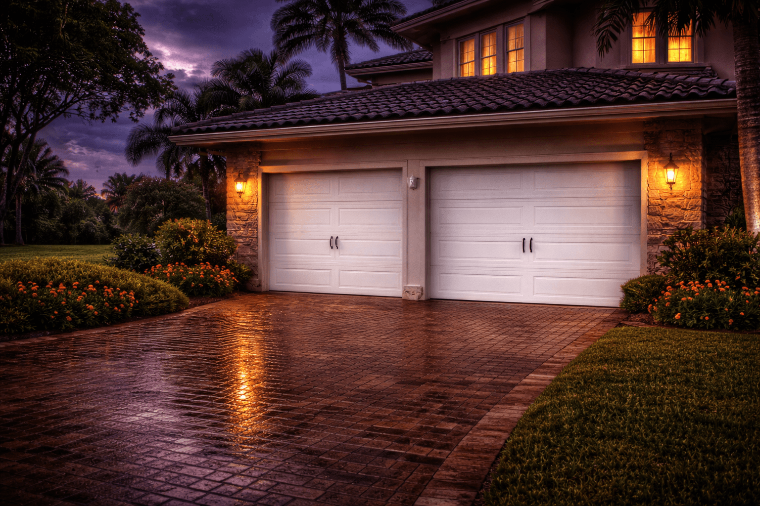 Traditional hurricane garage door installed on a South Florida home with classic raised-panel design and storm-ready construction
